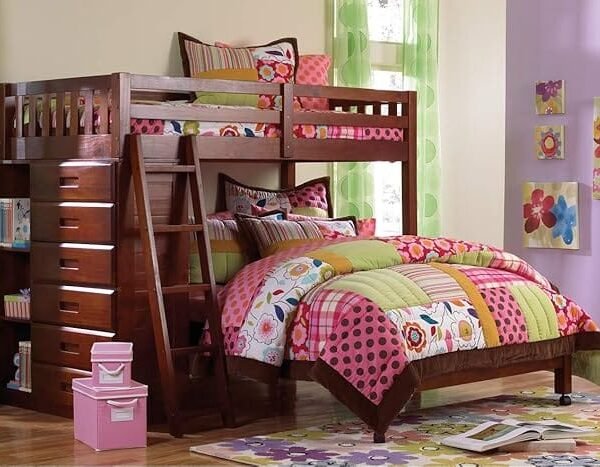 Twin Over Full Loft With With Ladder, 6 Drawers, Shelves Dark Brown
