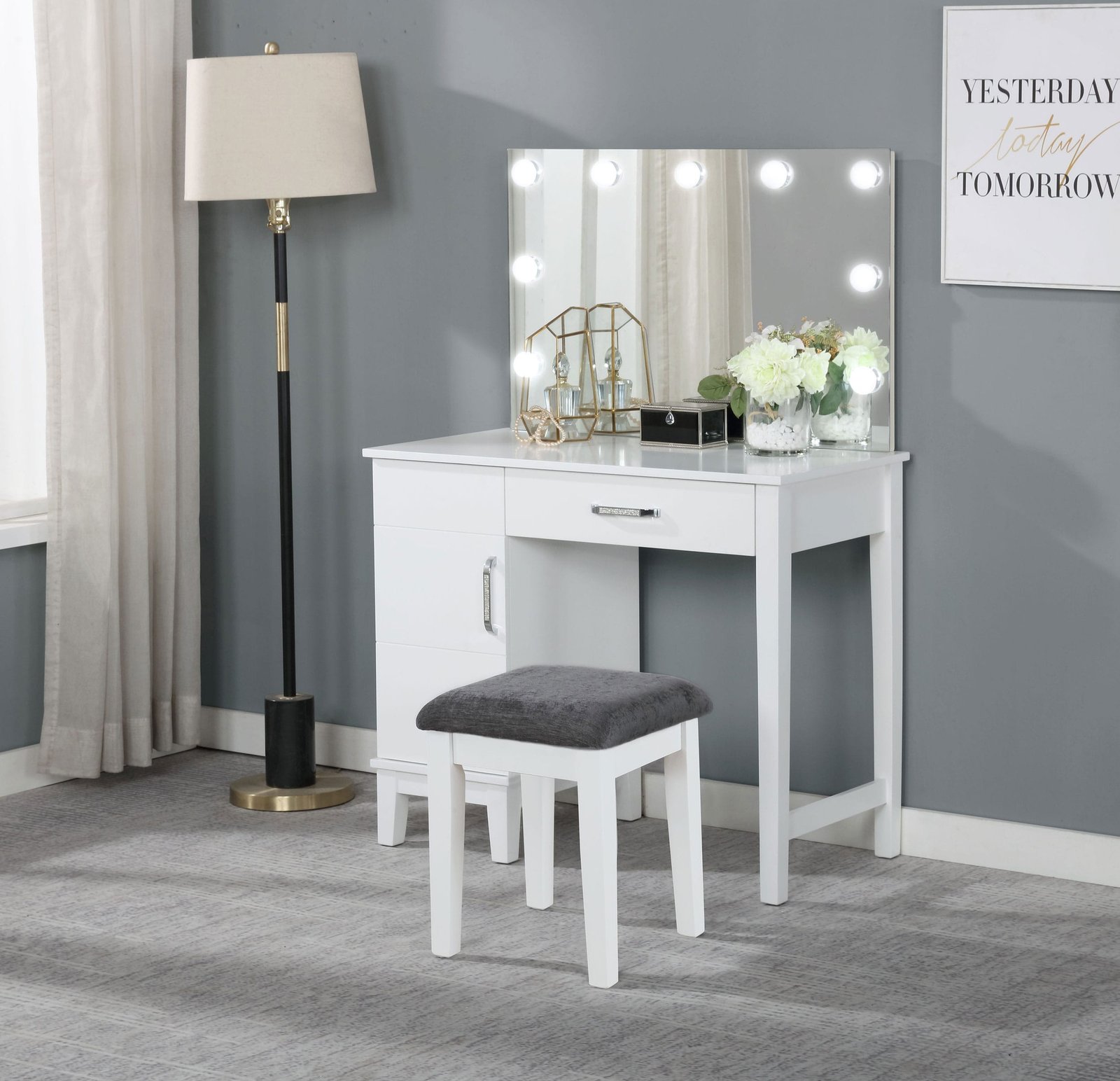 931149_01xHD.jpg Elijah Vanity Set with Lighting & Stool White and Dark Grey - Image 1