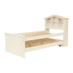 Wood Twin Size Storage Bed,Trundle Bed, Bookcase Headboard White - Image 3