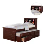 Wood Twin Size Storage Bed,Trundle Bed, Bookcase Headboard, Dark Brown - Image 2