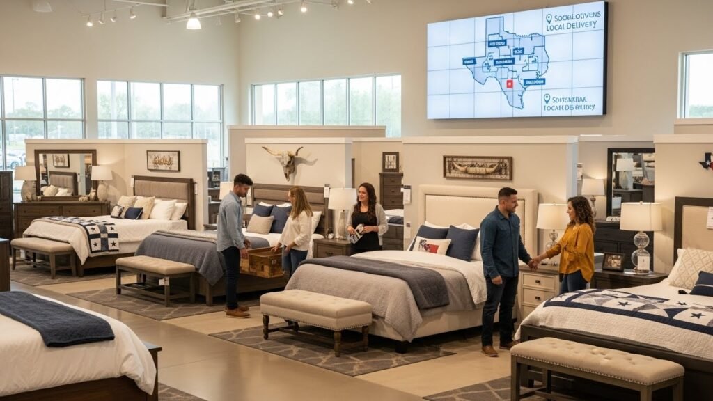 Furniture showroom in Arlington Texas with king bedroom sets