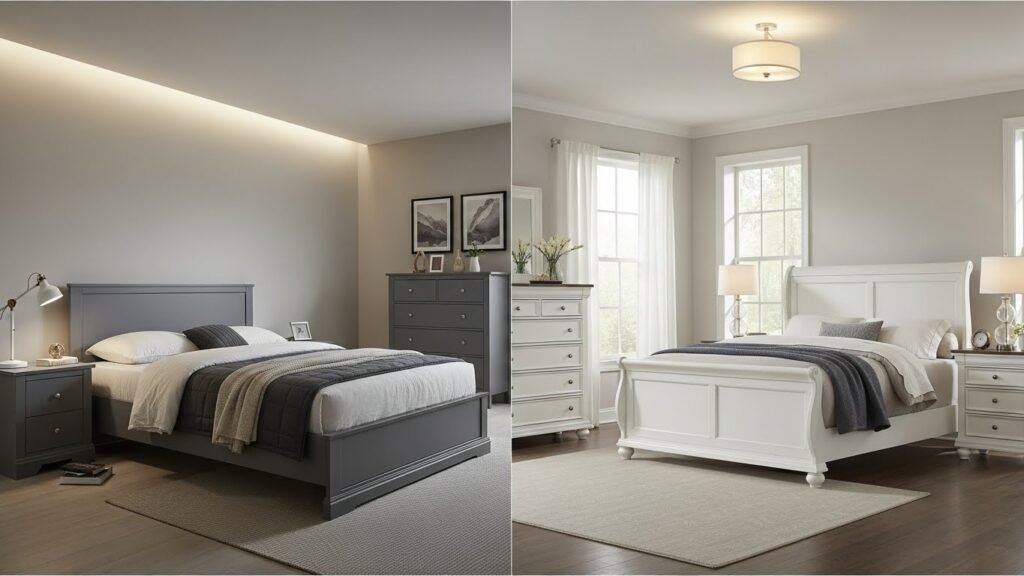 Grey bedroom set compared to white bedroom set in master bedroom