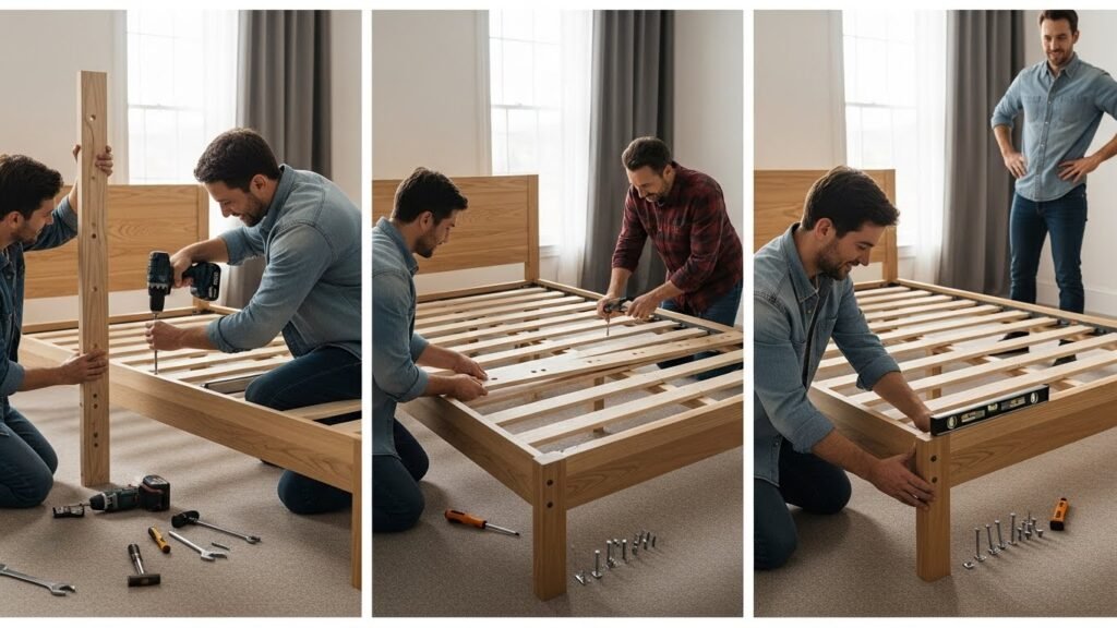 Assembling a king bed frame with slats and rails