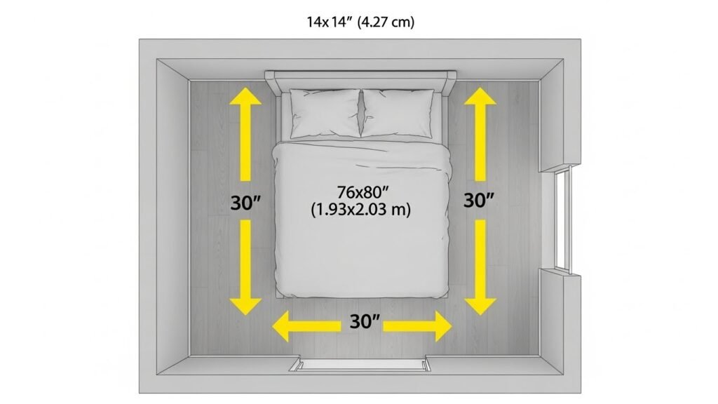 King bed dimensions 76x80 inches with 30 inch walking clearance