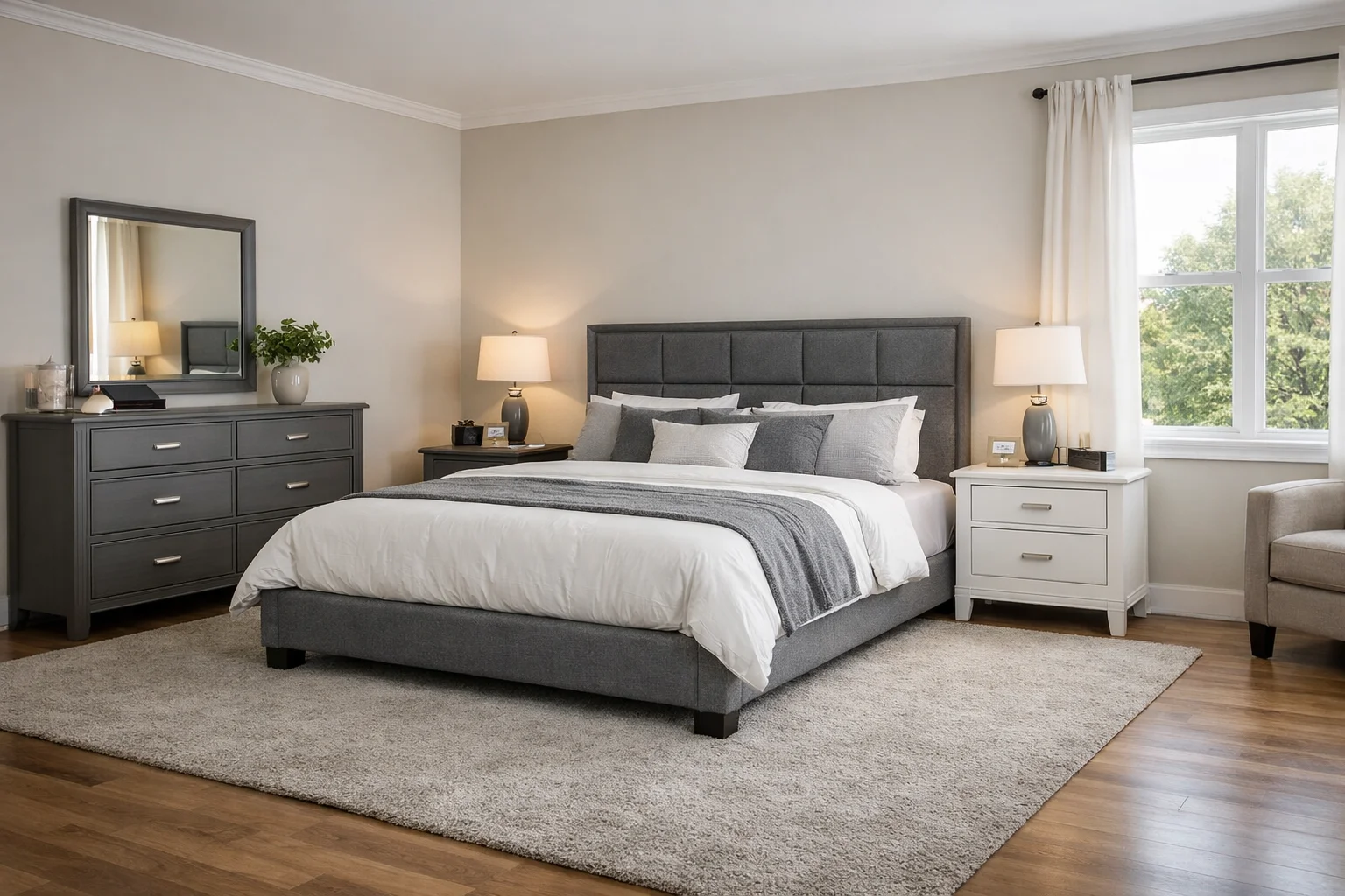 King-size bed with grey upholstered headboard, white and grey bedding, matching nightstands, dresser, and natural light in a 14x14 ft master bedroom