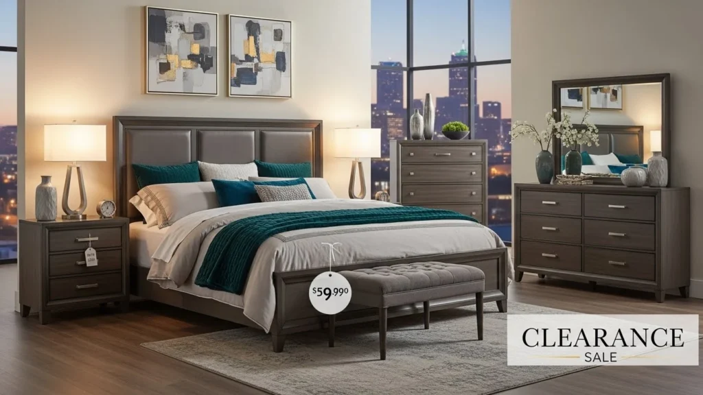 Customer browsing a stylish king size bedroom set with matching nightstands and dresser in an Arlington, TX furniture showroom, highlighting local clearance deals on king size bedroom sets