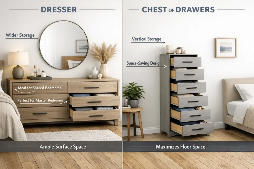 Side by side comparison of bedroom dresser and chest of drawers showing storage differences
