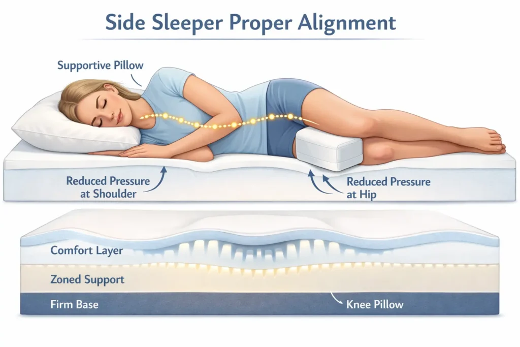 Side sleeping position mattress for hip pain