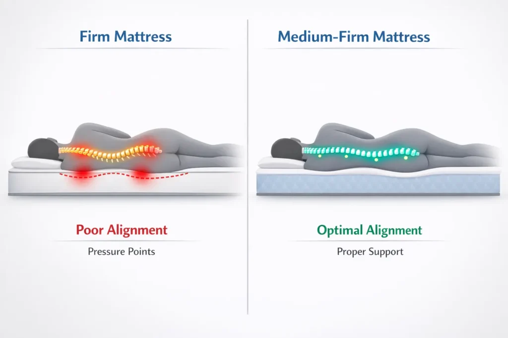 Spine alignment comparison on firm vs medium-firm mattress for back pain relief