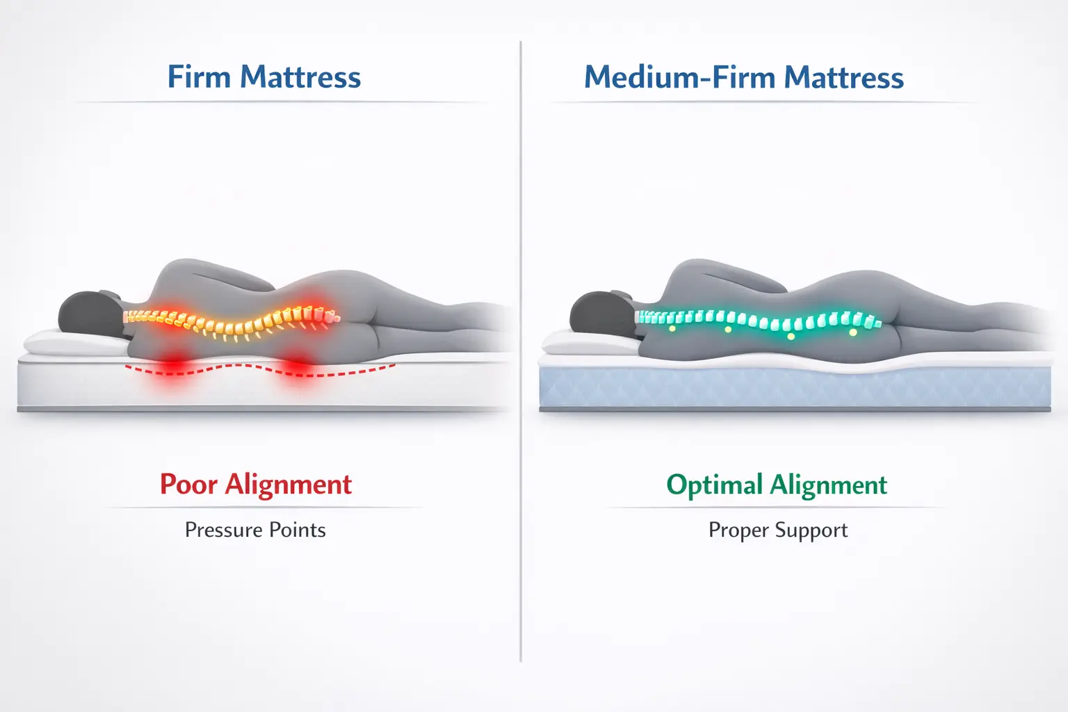 Spine alignment comparison on firm vs medium-firm mattress for back pain relief