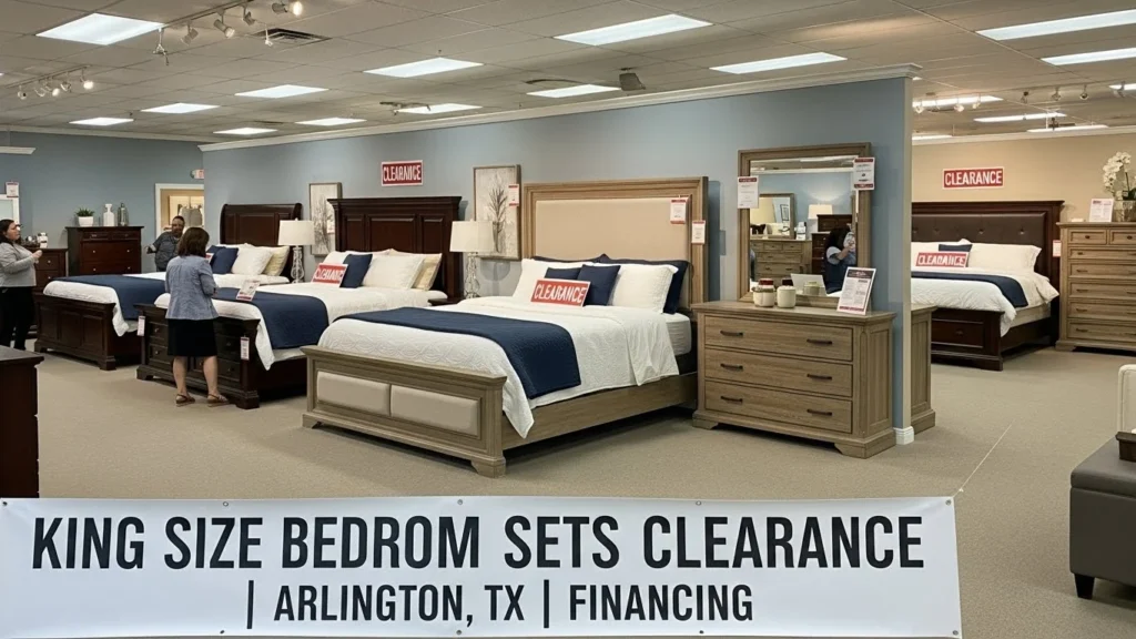 “Inviting king size bedroom set displayed in a cozy Arlington, TX home, showing generous sleeping space and coordinated furniture to illustrate why king size bedroom sets clearance deals are so popular locally.