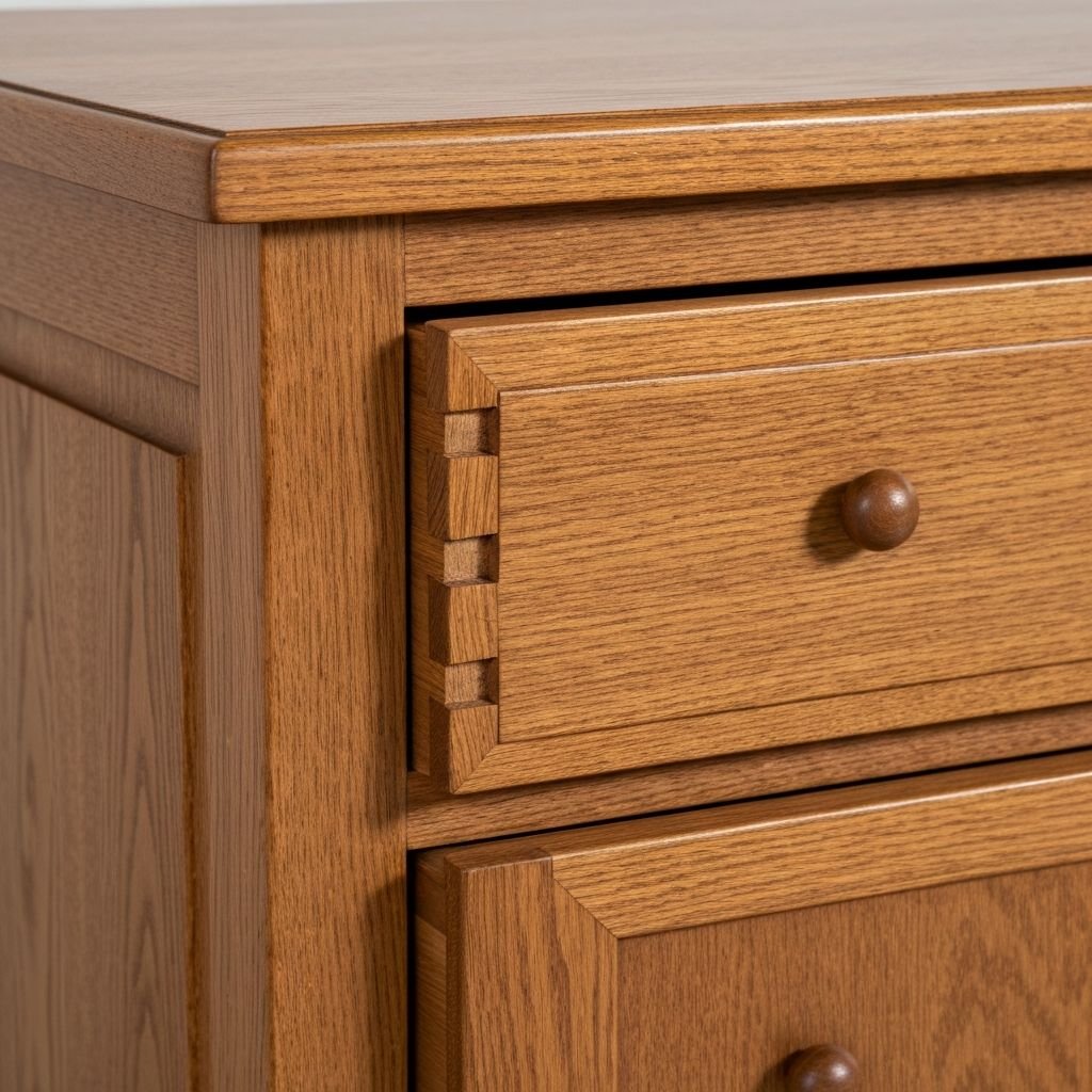 Close up of solid wood dresser construction showing dovetail joints and quality craftsmanship