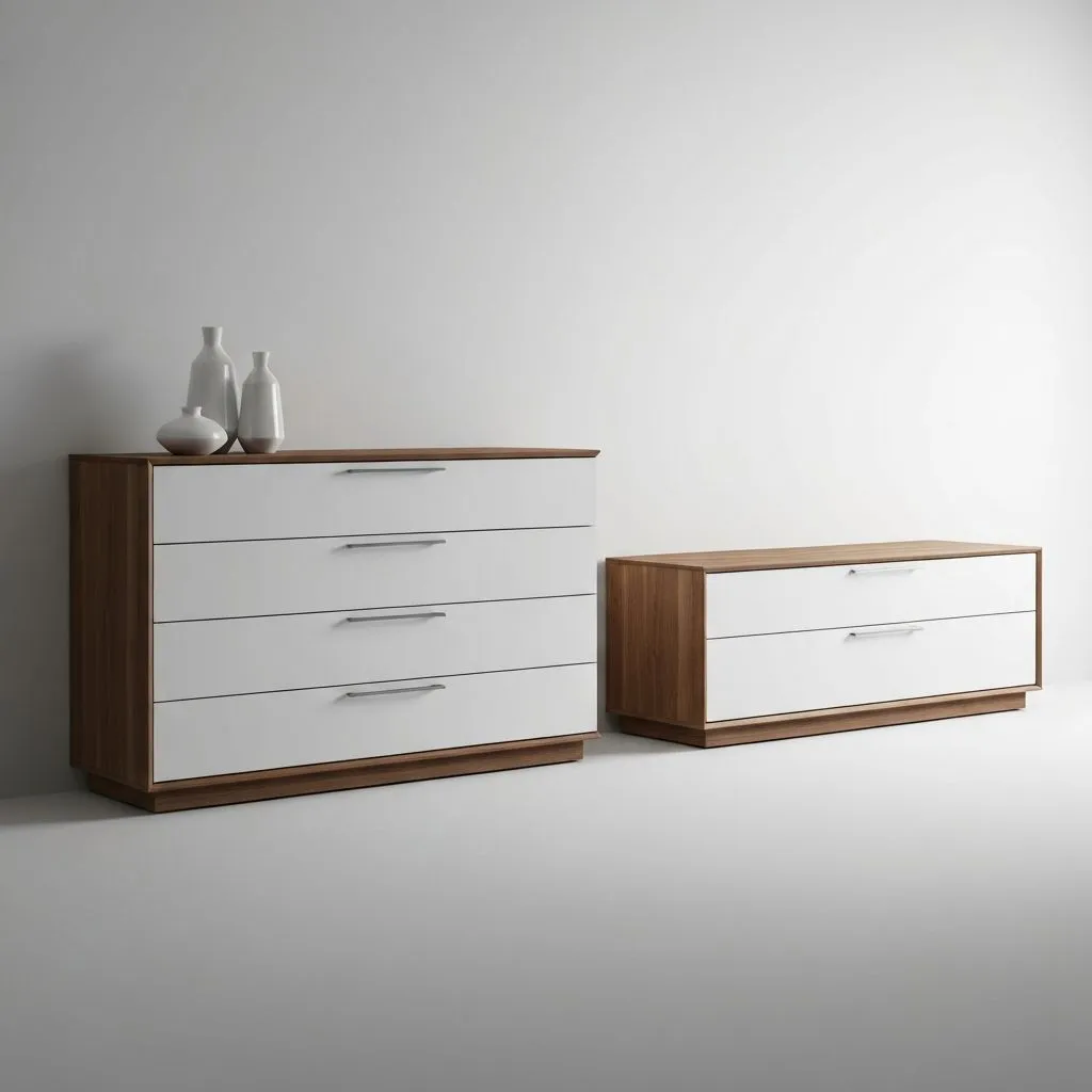 Modern minimalist white and walnut bedroom dresser and chest set with sleek metal hardware