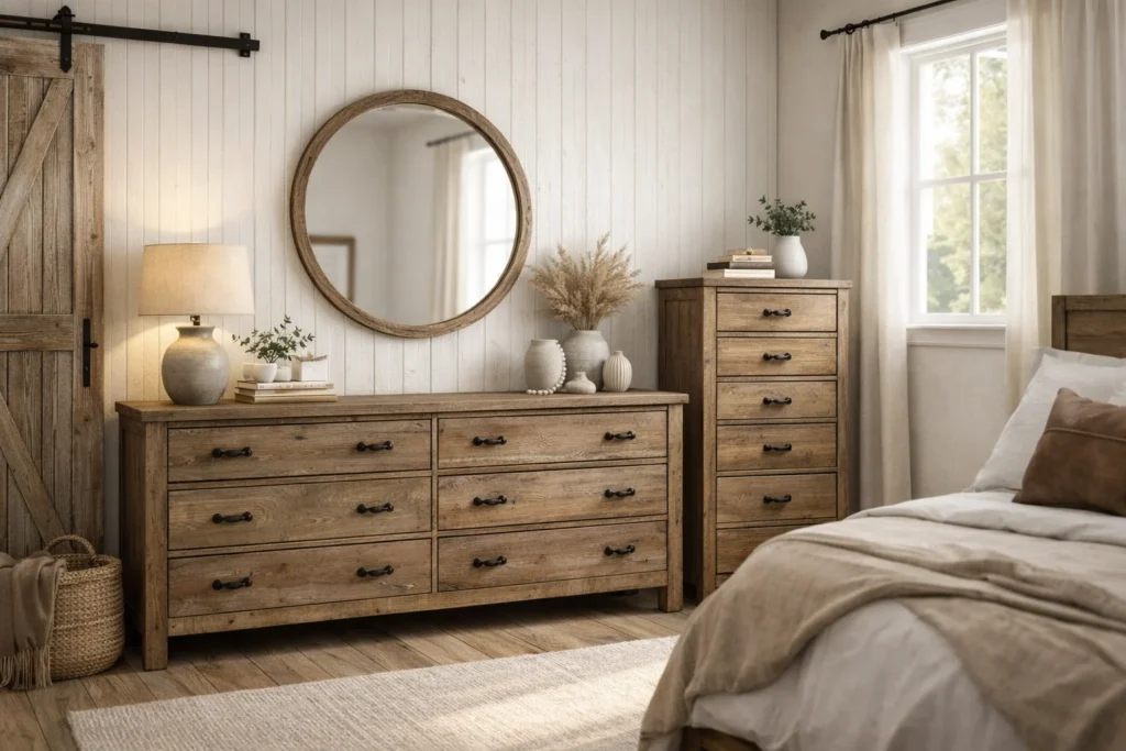 Rustic farmhouse bedroom dresser and chest set with distressed wood finish and vintage hardware Texas style