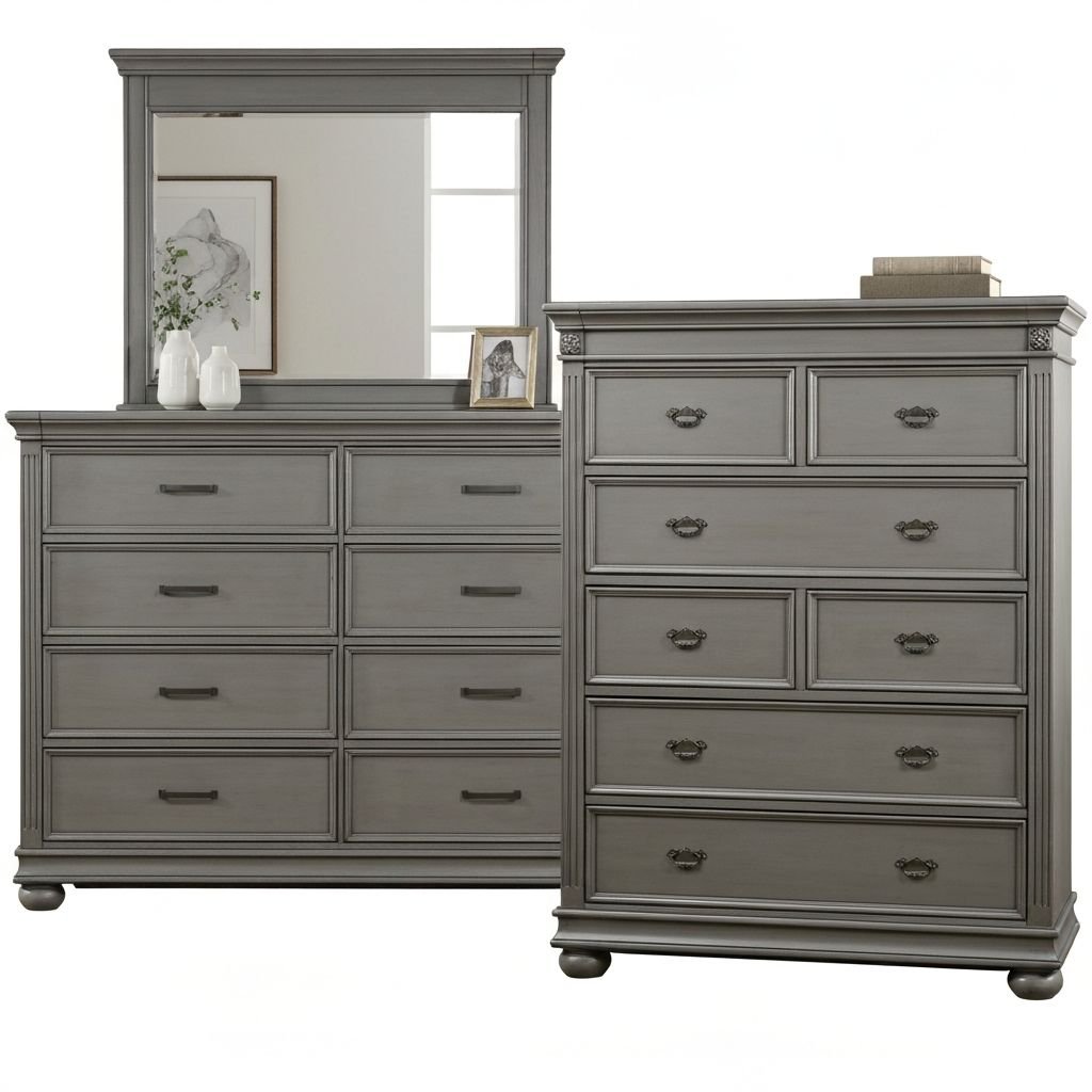 Transitional grey bedroom dresser and chest set blending modern and traditional design elements | lease to own furniture
