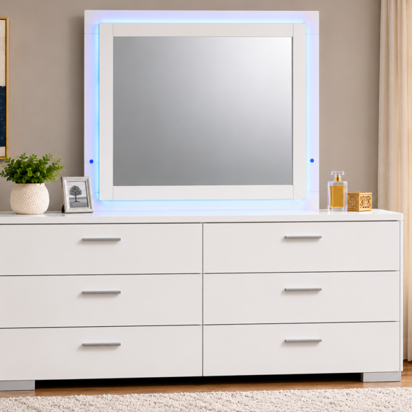 Felicity 6-Drawer Dresser with LED Mirror in White High Gloss - 203503ML