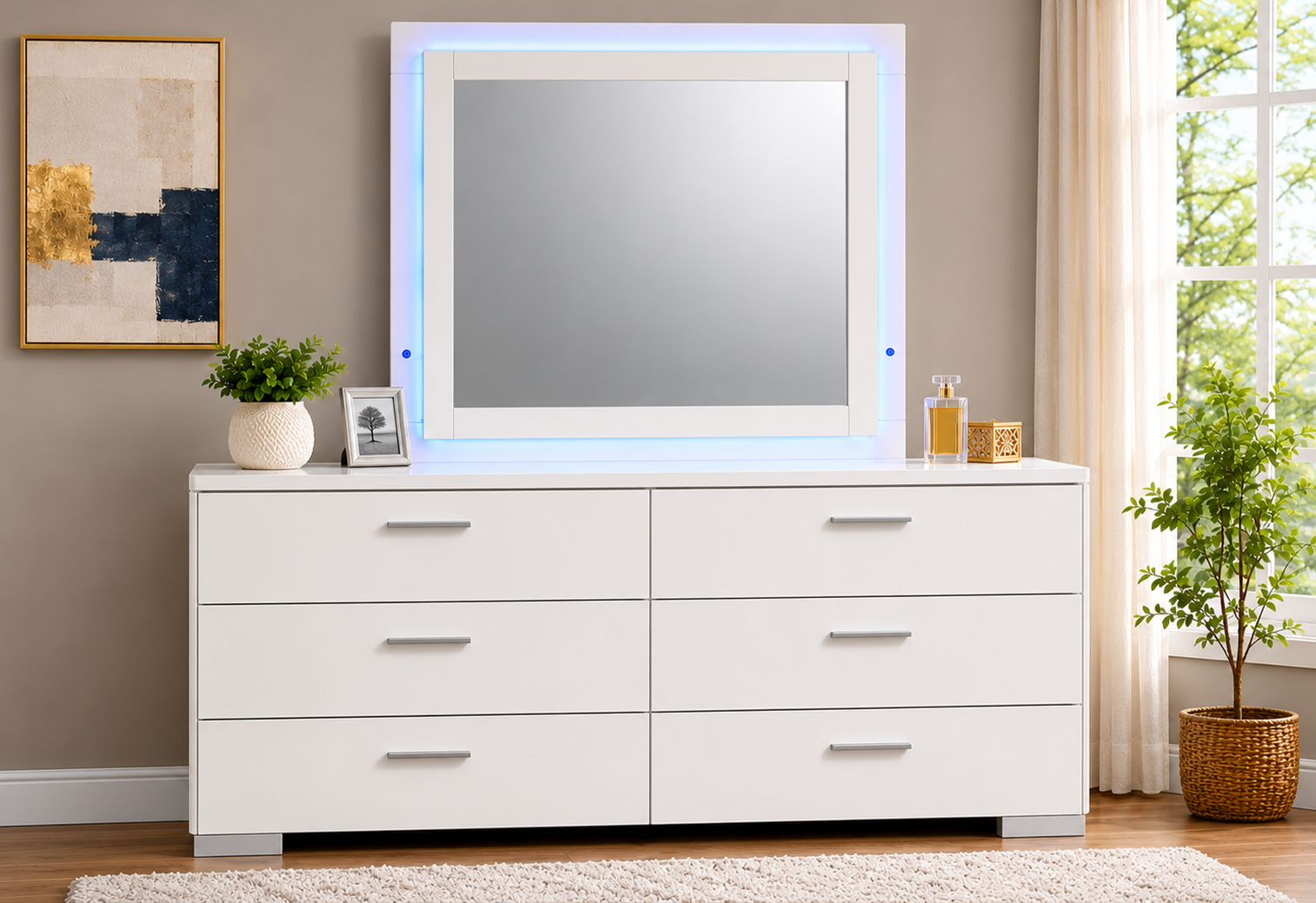 178978 Felicity 6-Drawer Dresser with LED Mirror in White High Gloss - 203503ML - Image 1