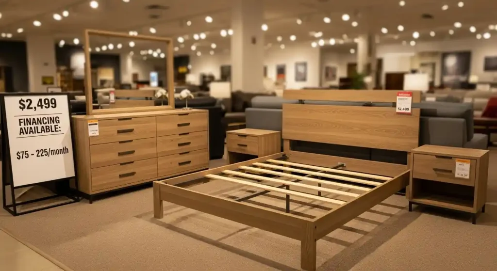 A complete bedroom set—bed frame, dresser, and nightstands—might total $2,000 to $3,000 for quality construction. Through financing, that could mean monthly payments of $75 to $125, depending on the term you choose. 