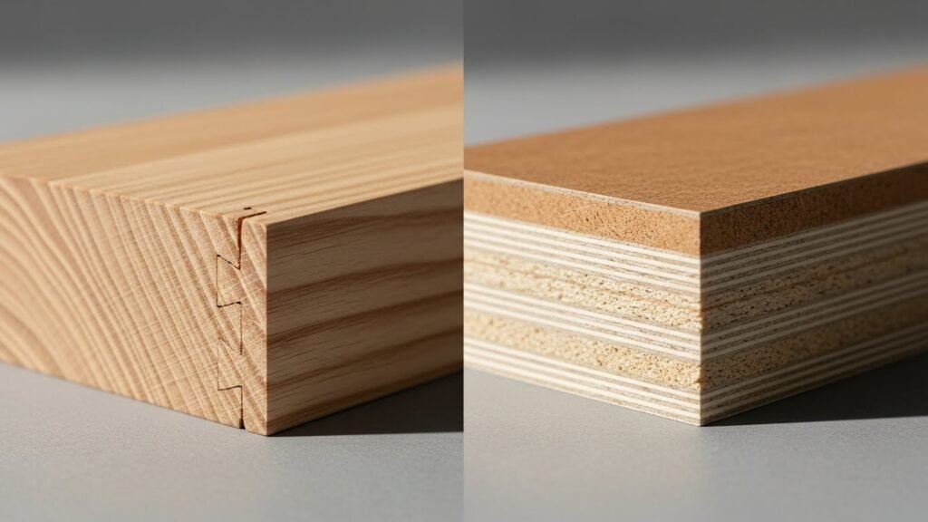 Close-up comparison of solid wood vs engineered wood furniture construction