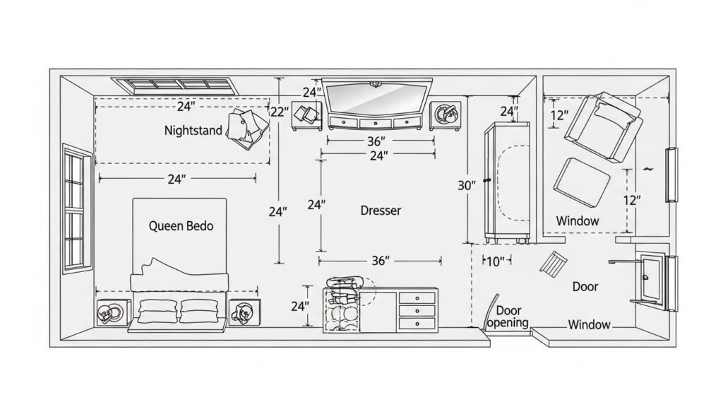 Complete bedroom furniture set layout diagram showing optimal spacing