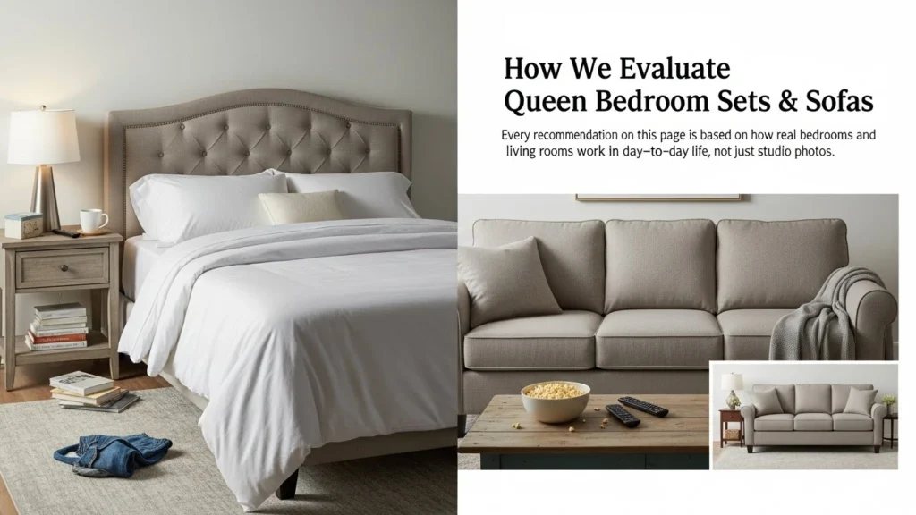 How We Evaluate Queen Bedroom Sets & Sofas

Every recommendation on this page is based on how real bedrooms and living rooms work in day‑to‑day life, not just studio photos.