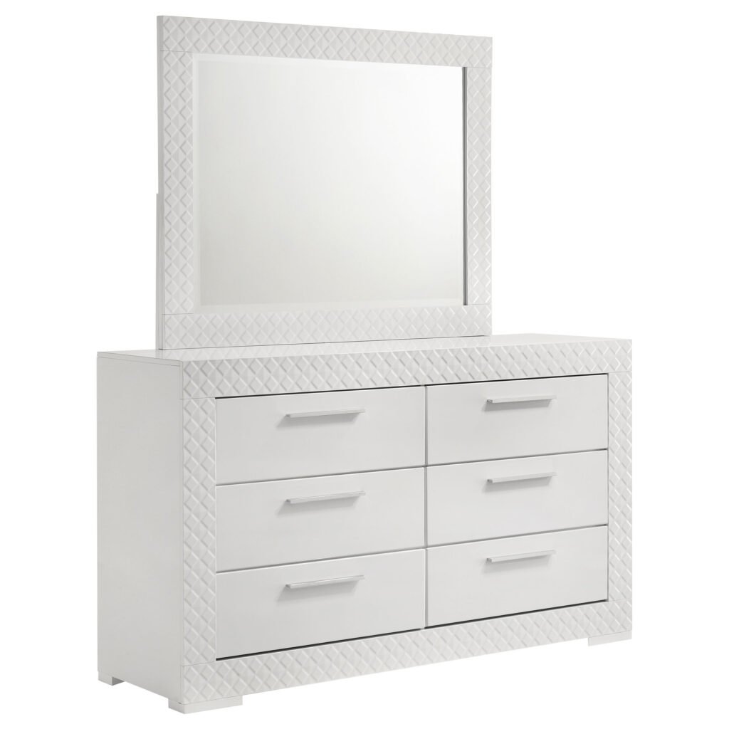 Ives 6-drawer Dresser and Mirror White High Gloss | White Dresser