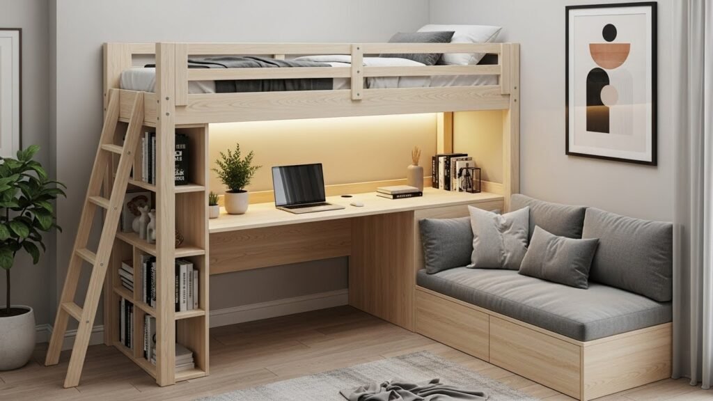 Loft bed configuration with desk and seating area underneath