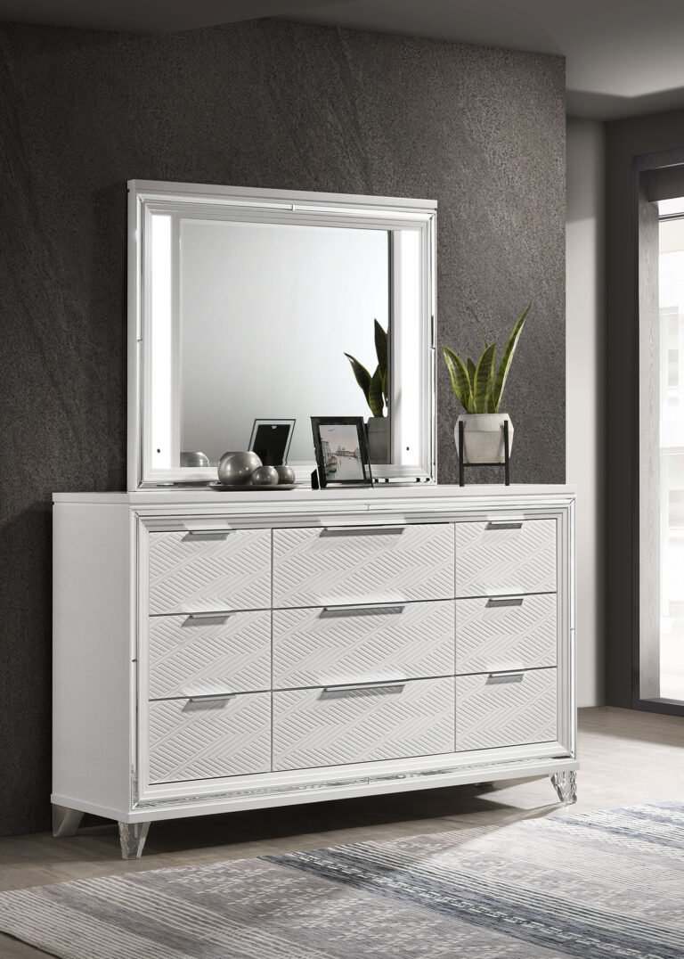 Marmore 9-drawer Dresser And LED Mirror White Dresser