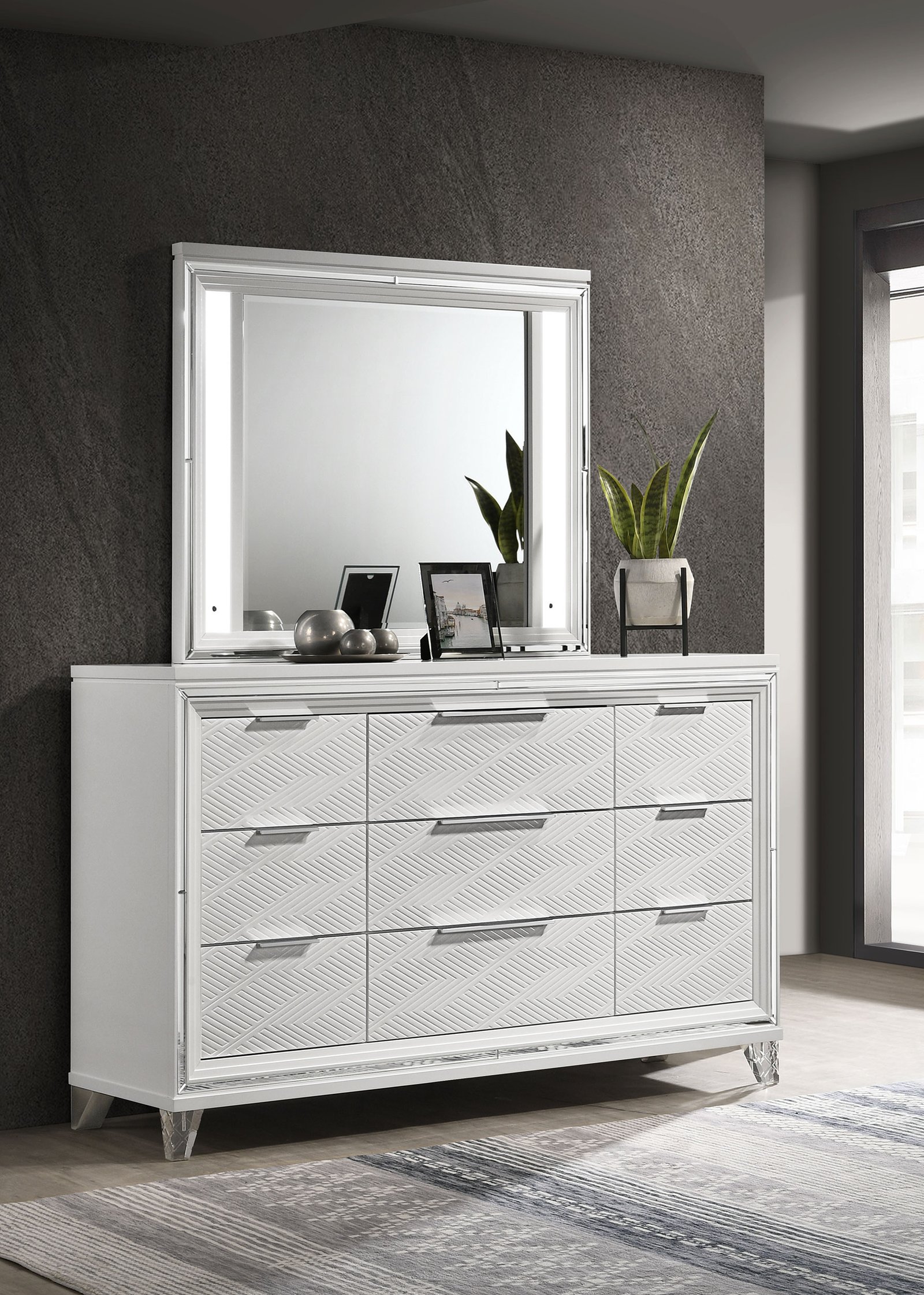 Marmore 9-drawer Dresser And LED Mirror White Dresser Marmore 9-drawer Dresser And LED Mirror White Dresser