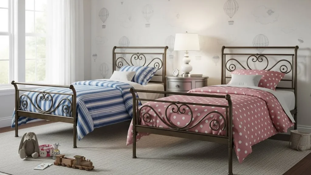 Metal sleigh beds for kids often feature ornate scrollwork and come in finishes like bronze, pewter, or white. 
