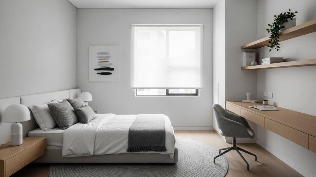 Modern minimalist teen bedroom with clean lines and a neutral palette