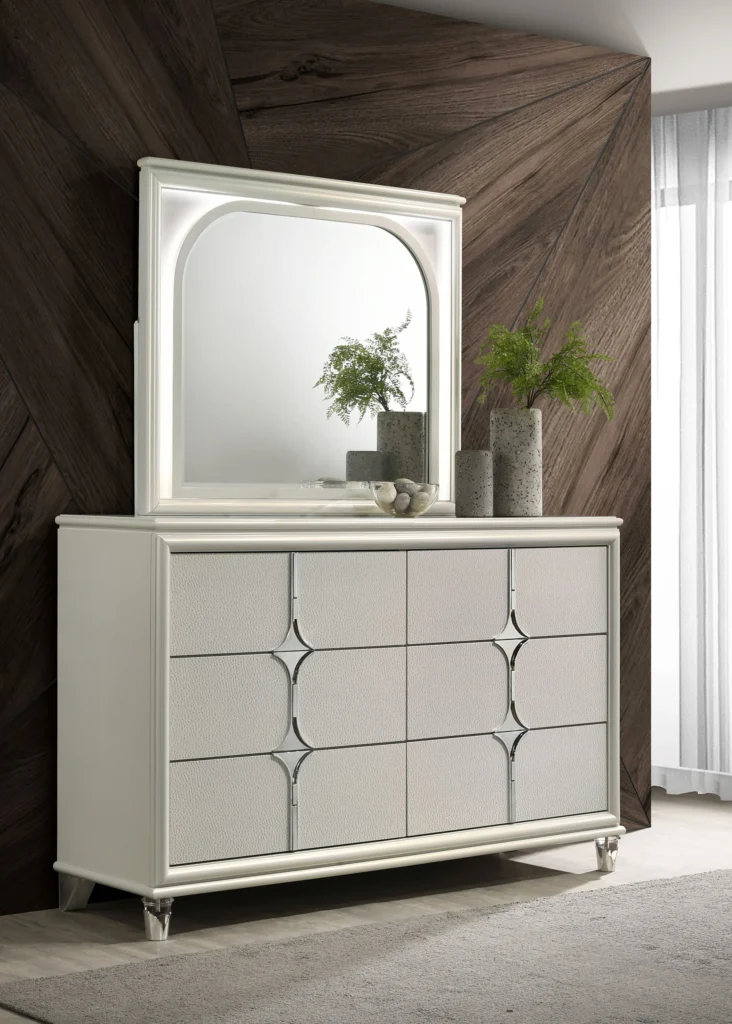 Olivia 6-drawer Dresser and LED Mirror Pearl White | White Dresser