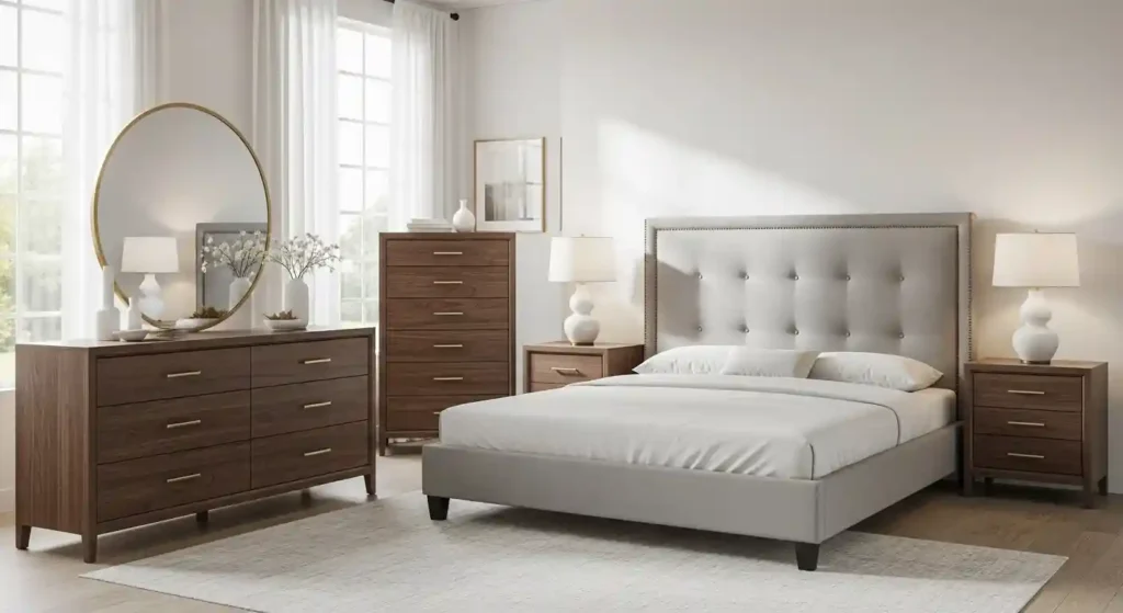 Our bedroom sets include bed frames, dressers, and nightstands designed to work together visually and functionally. 