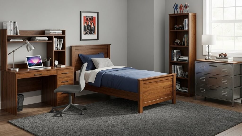 Teen Boy Bedroom Furniture Function-First Design
Furniture for teen boys skews heavily toward durability and simplicity. Most teenage boys prioritize does it look decent and will it hold my stuff.