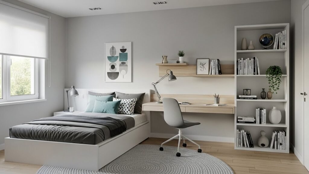 Teen girl bedroom with functional desk setup, organized storage, and neutral-toned furniture