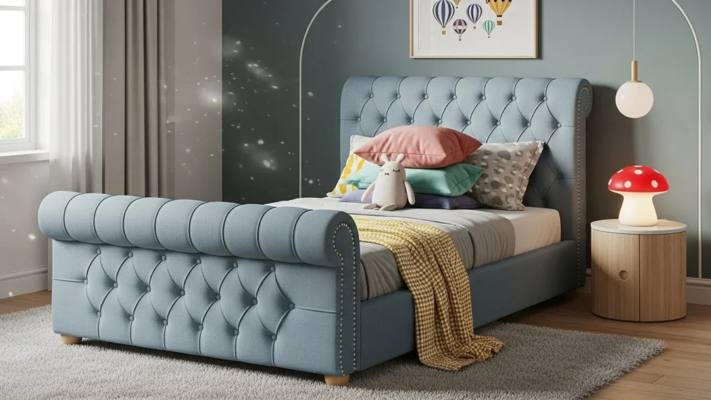 Upholstered kids sleigh beds feature fabric or leather-covered headboards and footboards. 