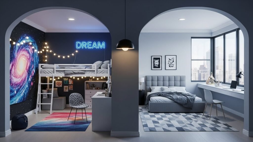 Two coordinated but distinct teen bedrooms showing individualized furniture choices