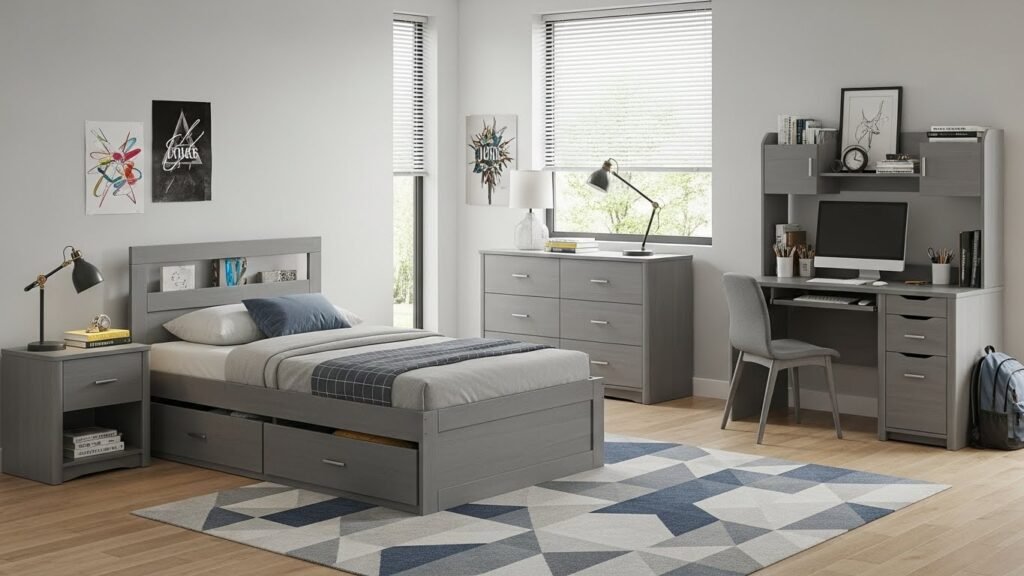 📸 Modern teen bedroom showcasing coordinated furniture set with platform bed, dresser, and desk in gray finish