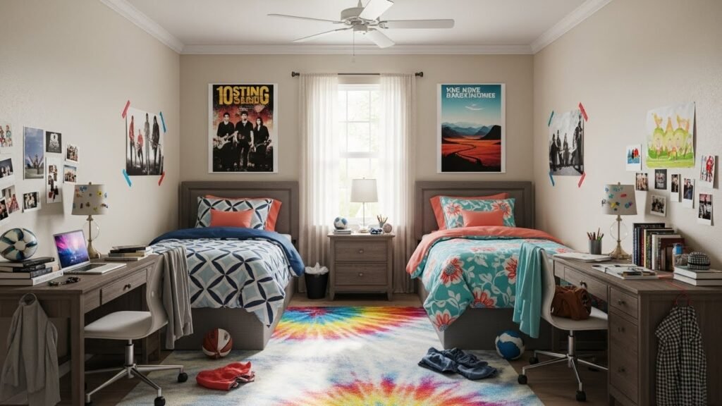 Shared teen bedroom with symmetrical twin bed setup