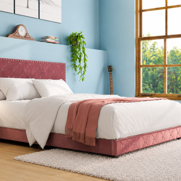 Starlett Velvet Upholstered Bed In Pink Color