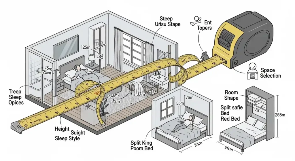 You'll learn which measurements matter most for your height and sleep style, how room shape affects bed selection, and when to consider alternative configurations, such as split king or space-saving vertical arrangements.