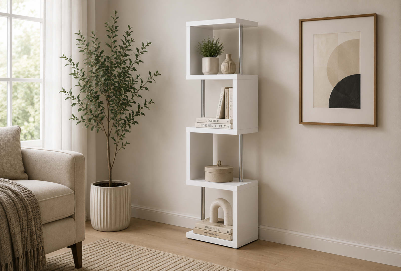 Baxter-801418-67-inch-4-shelf-Bookshelf-–-White-and-Chrome Baxter 801418 67-inch 4-shelf Bookshelf - White and Chrome - Image 1