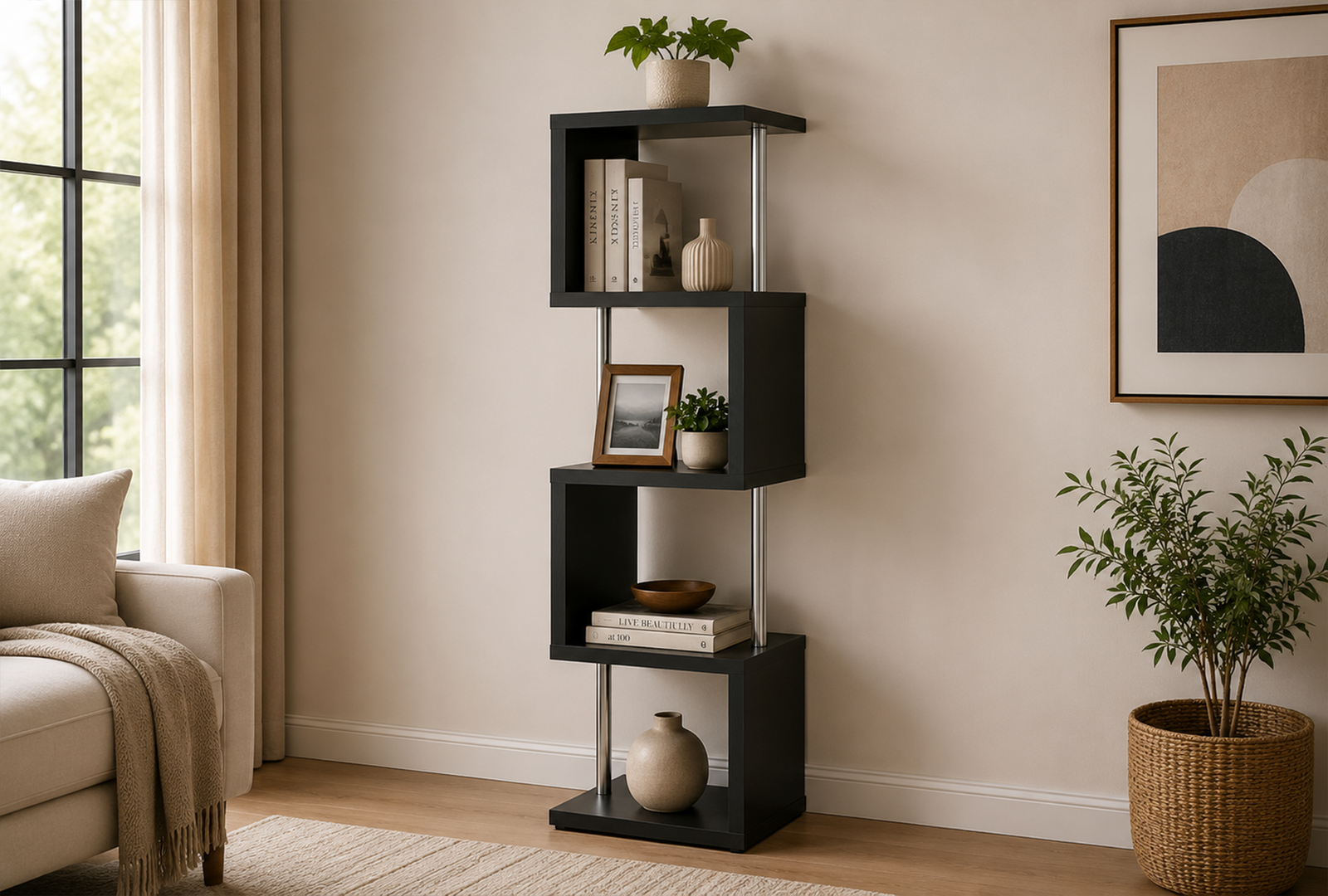 Baxter-801419-67-inch-4-shelf-Bookshelf-–-Black-and-Chrome. Baxter 801419 67-inch 4-shelf Bookshelf - Black and Chrome - Image 1