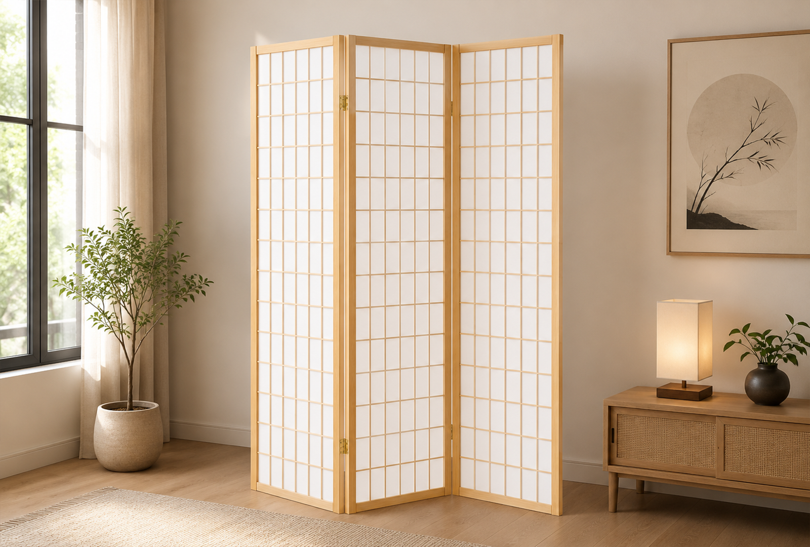 Carrie-4621-3-Panel-Room-Divider-Folding-Shoji-Screen-–-Natural Carrie 4621 3-Panel Room Divider Folding Shoji Screen - Natural - Image 1