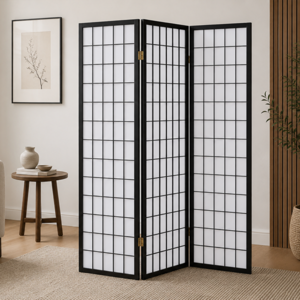 Carrie 4622 3-Panel Room Divider Folding Shoji Screen - Black