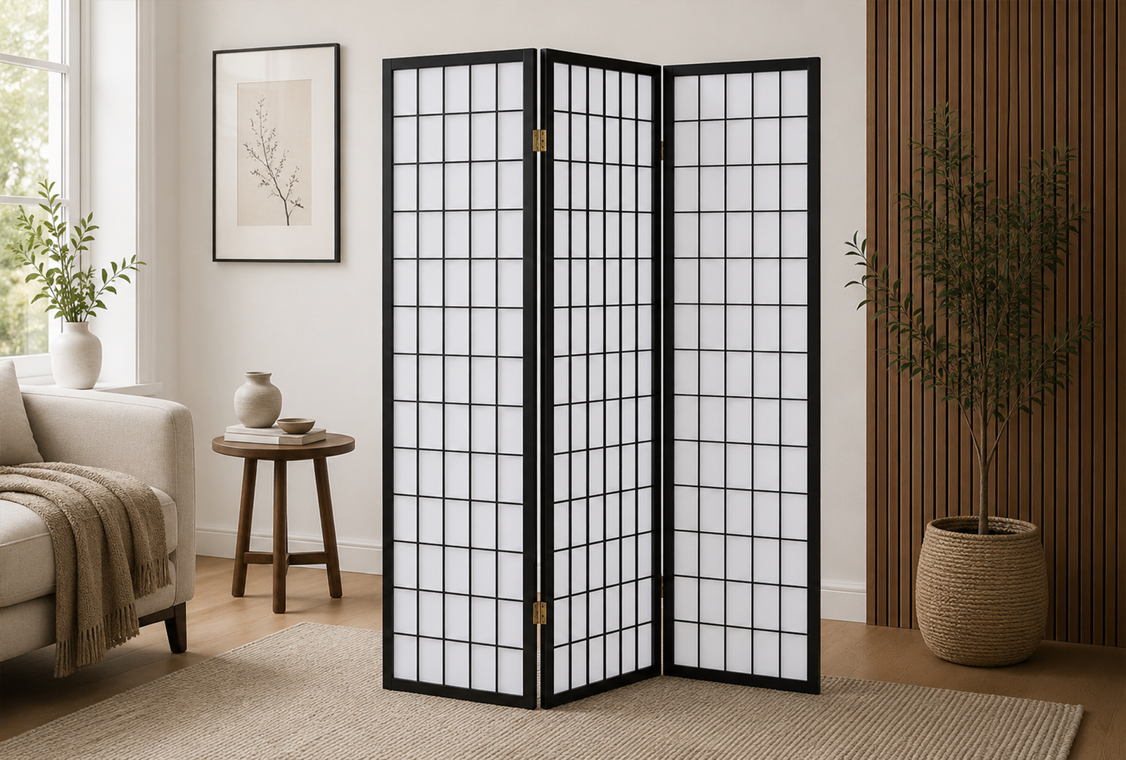 Carrie-4622-3-Panel-Room-Divider-Folding-Shoji-Screen-–-Black Carrie 4622 3-Panel Room Divider Folding Shoji Screen - Black - Image 1
