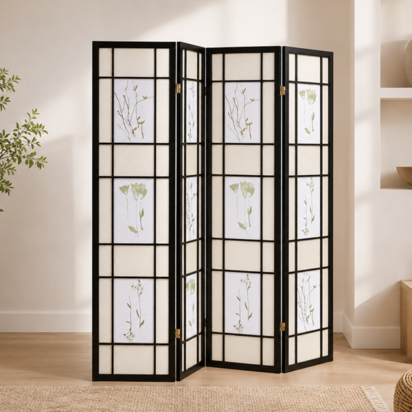Catabella 4407 4-Panel Room Divider Folding Shoji Screen - Floral