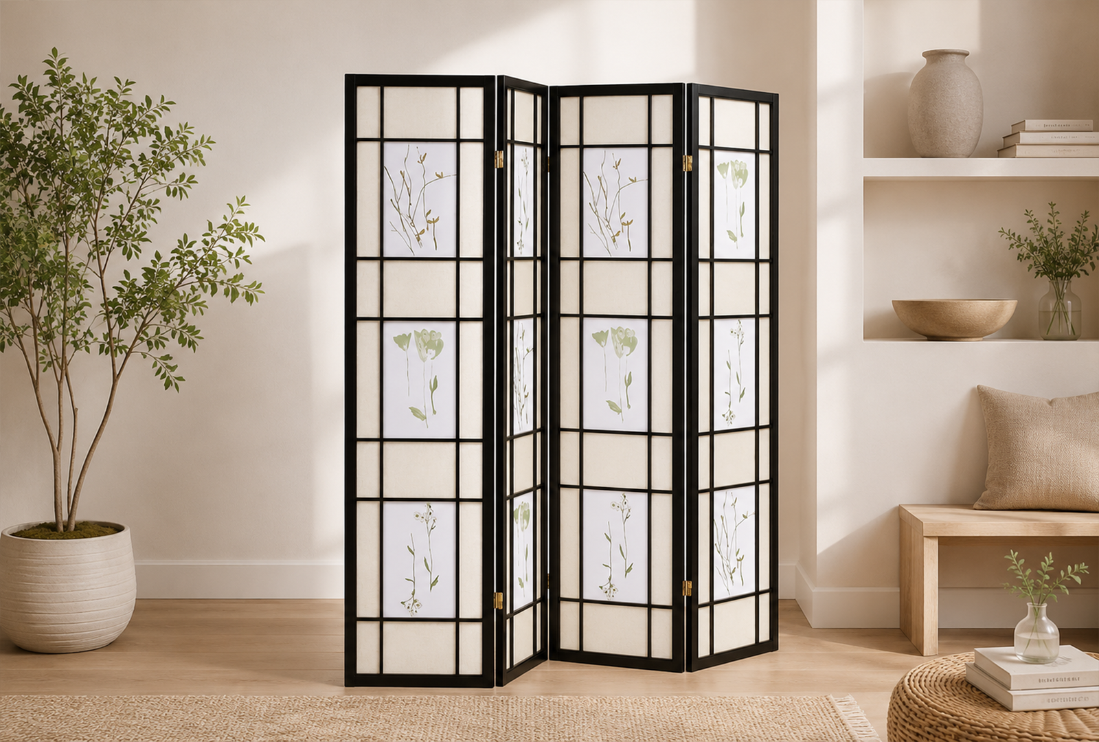 Catabella-4407-4-Panel-Room-Divider-Folding-Shoji-Screen-–-Floral Catabella 4407 4-Panel Room Divider Folding Shoji Screen - Floral - Image 1