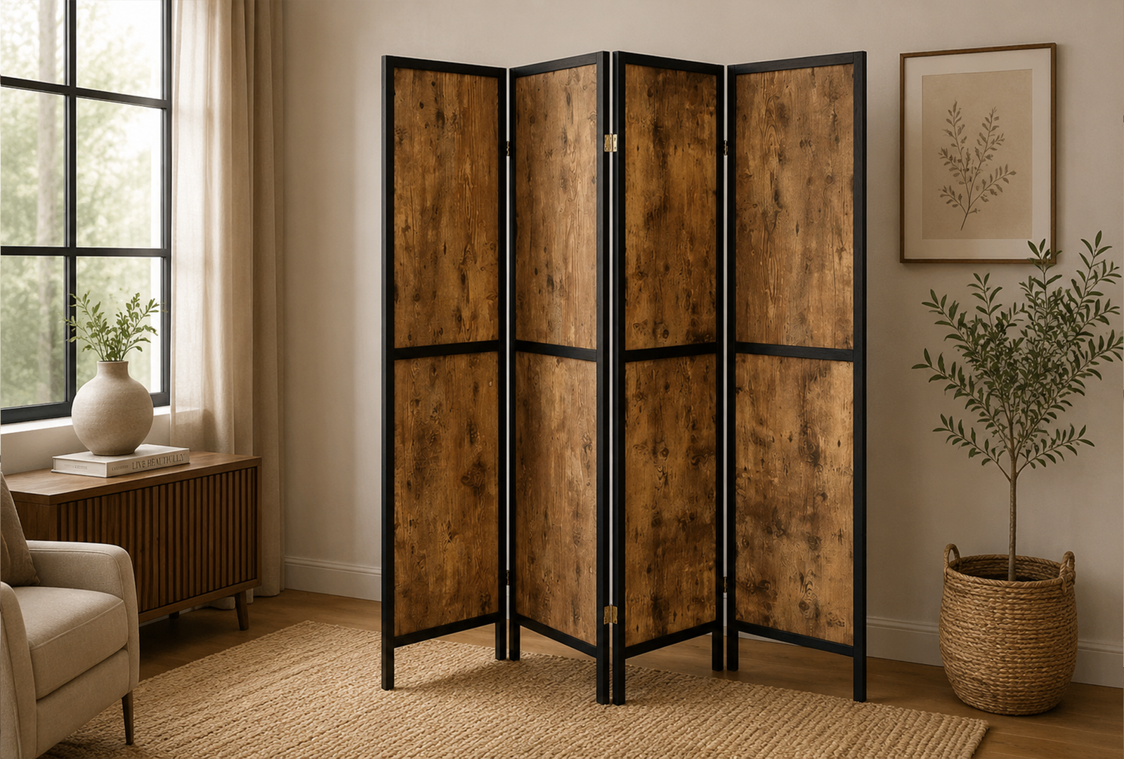 Deepika-961413-4-Panel-Room-Divider-Folding-Screen-–-Rustic-Nutmeg. Deepika 961413 4-Panel Room Divider Folding Screen - Rustic Nutmeg - Image 1