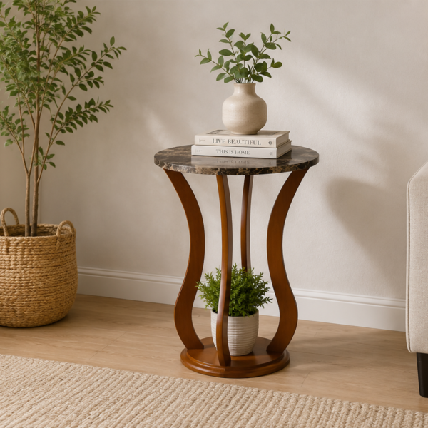 Elton 900926 Round Faux Marble Top Accent Side Table - Brown
